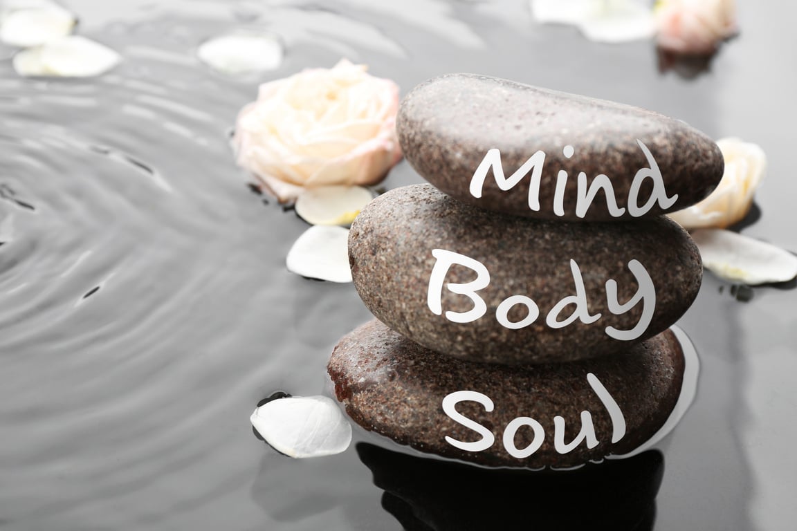 Spa Stones with Words Mind, Body, Soul and Rose Petals in Water, Space for Text. Zen Lifestyle